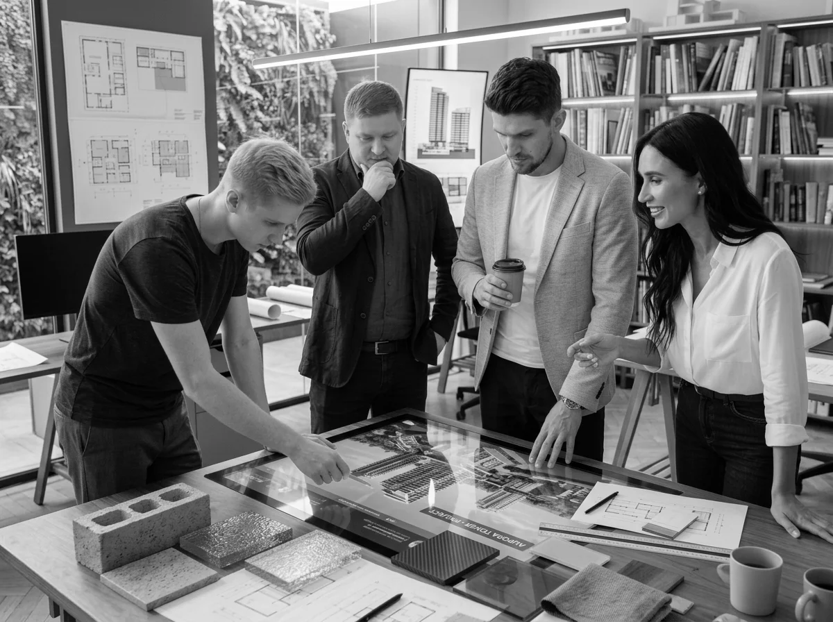 Architectural studio team, sketches and materials on the table.